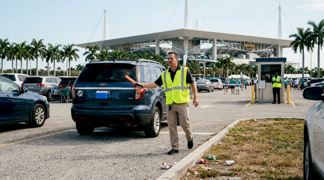 Attendant directs cars in stadium parking lot