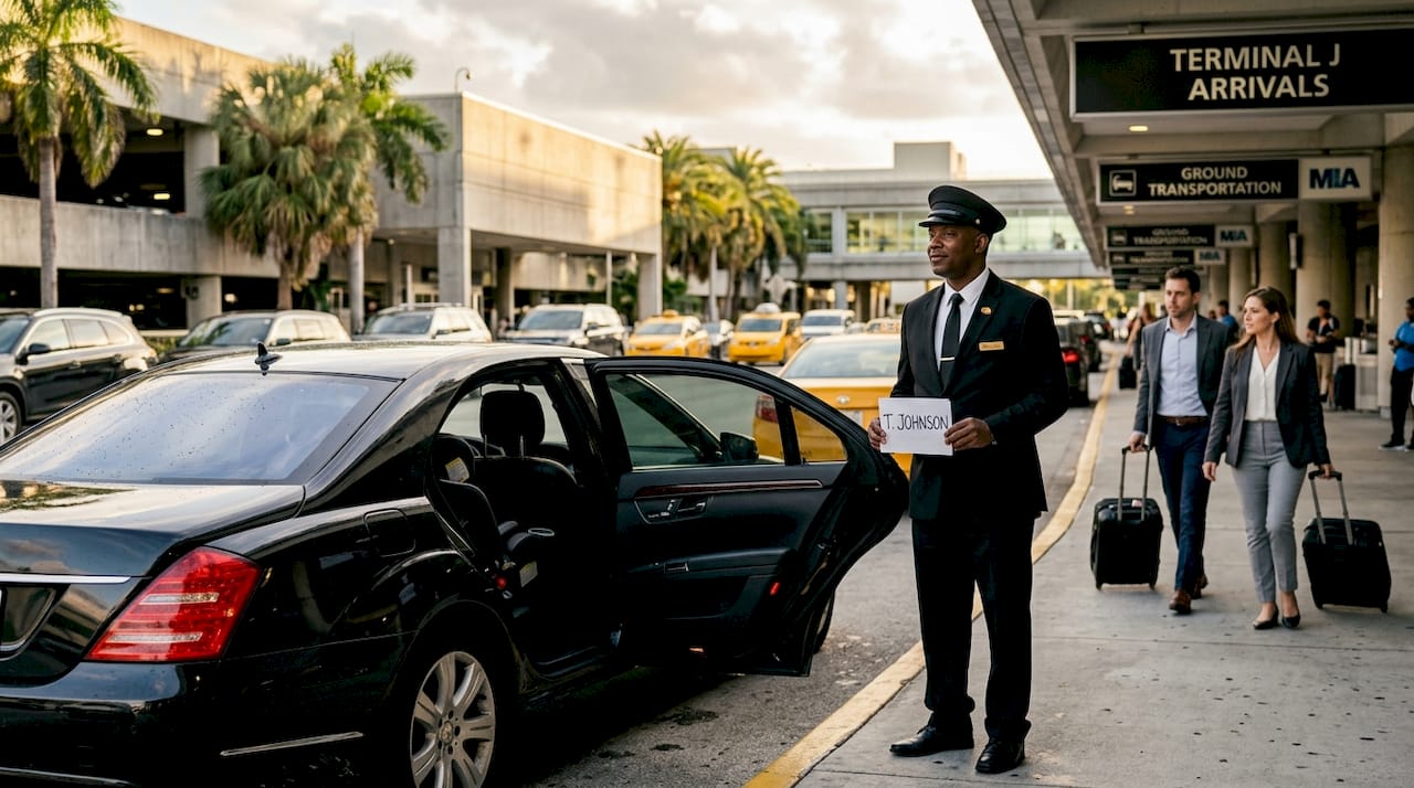 Chauffeur meets traveler for luxury car pickup