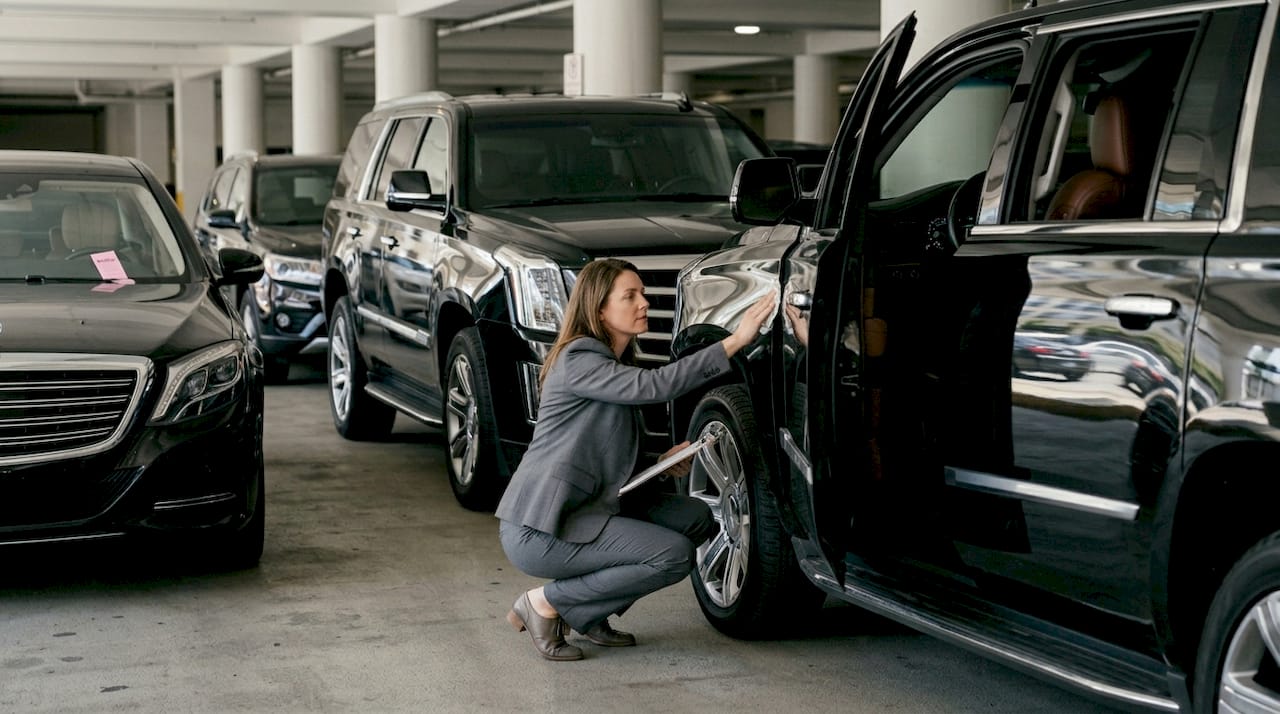Staff inspects executive fleet vehicles in garage