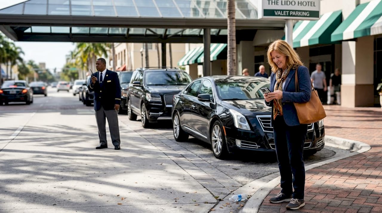 Traveler choosing upscale transfer outside hotel