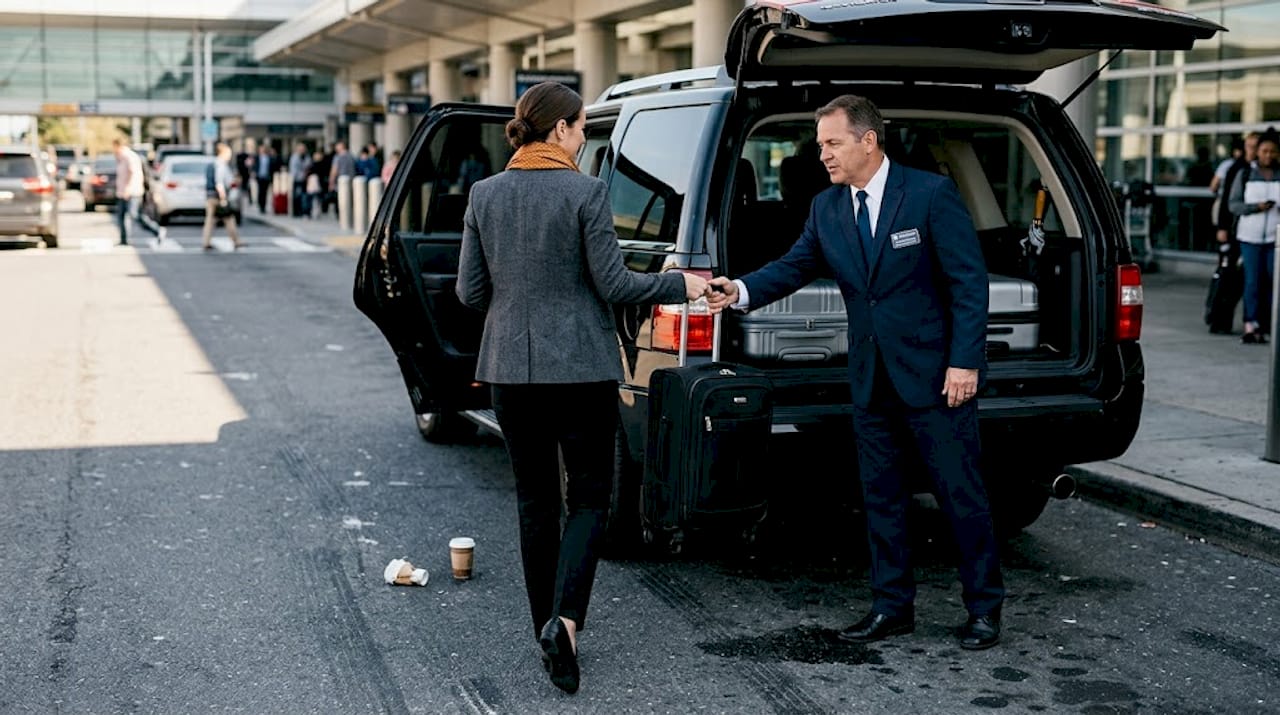 Chauffeur assisting with airport luggage handoff