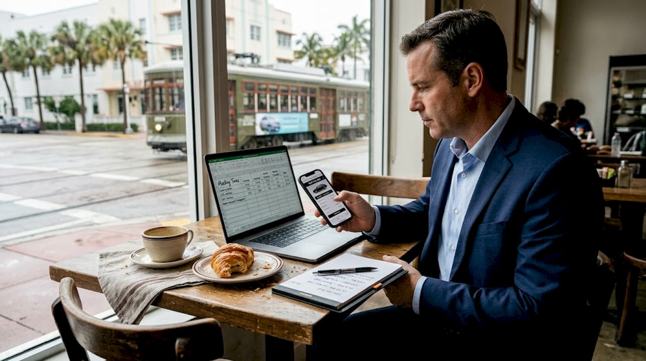 Executive comparing travel options in Miami café