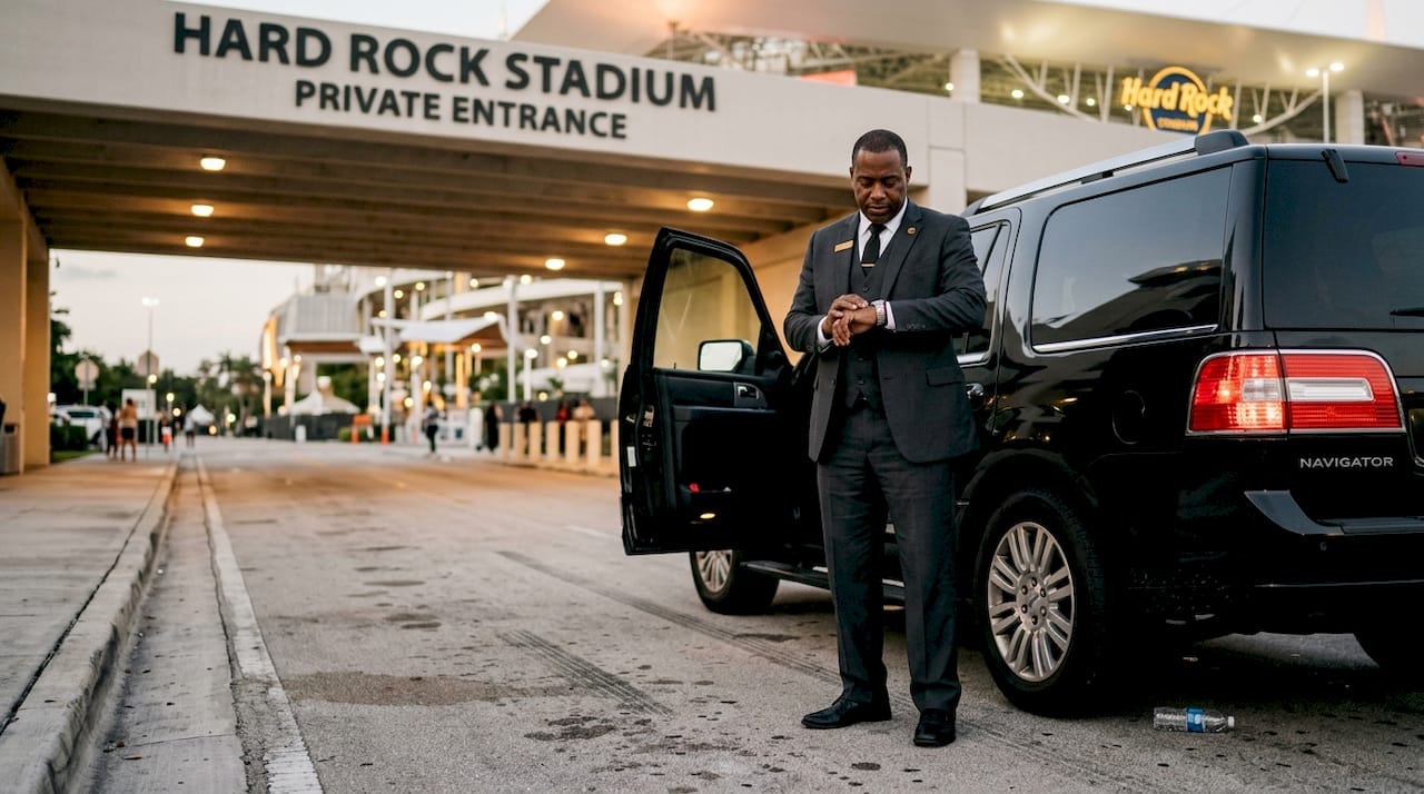 SUV and driver at stadium VIP entrance