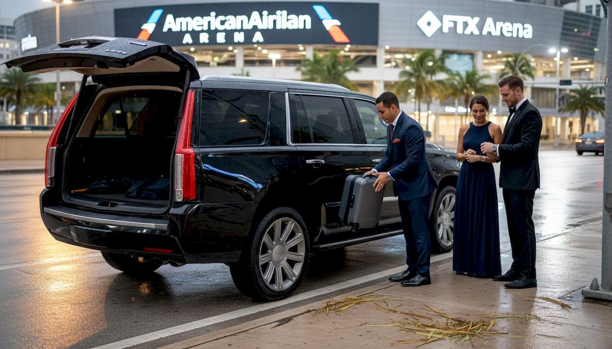 Chauffeur loads bags at Miami event venue