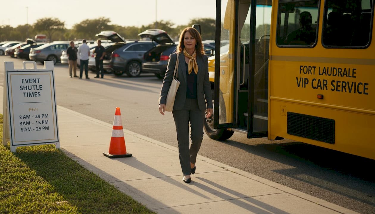 Event attendee arriving by shuttle at parking lot