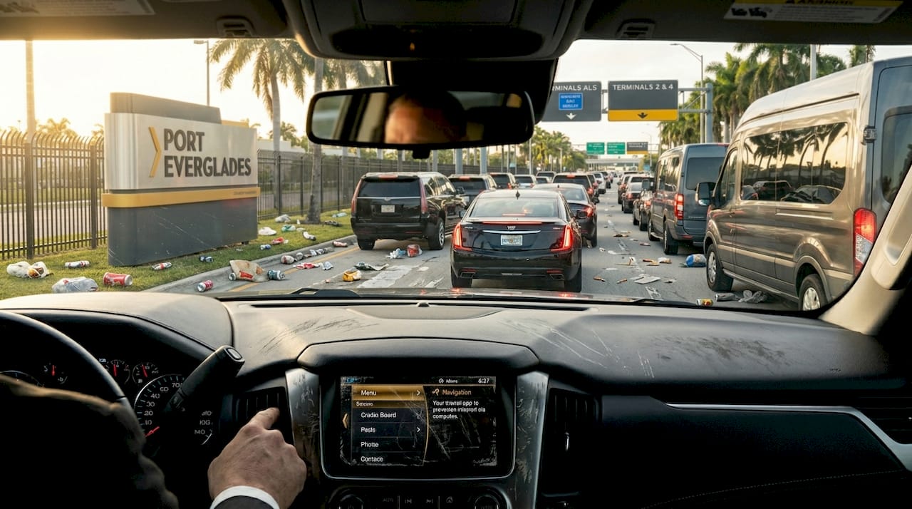 Car traffic jam outside busy cruise port