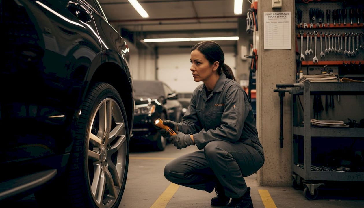 Mechanic inspecting SUV brakes in garage