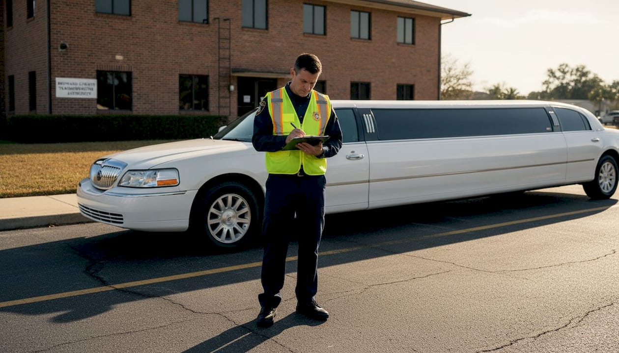 County inspector records notes beside limousine