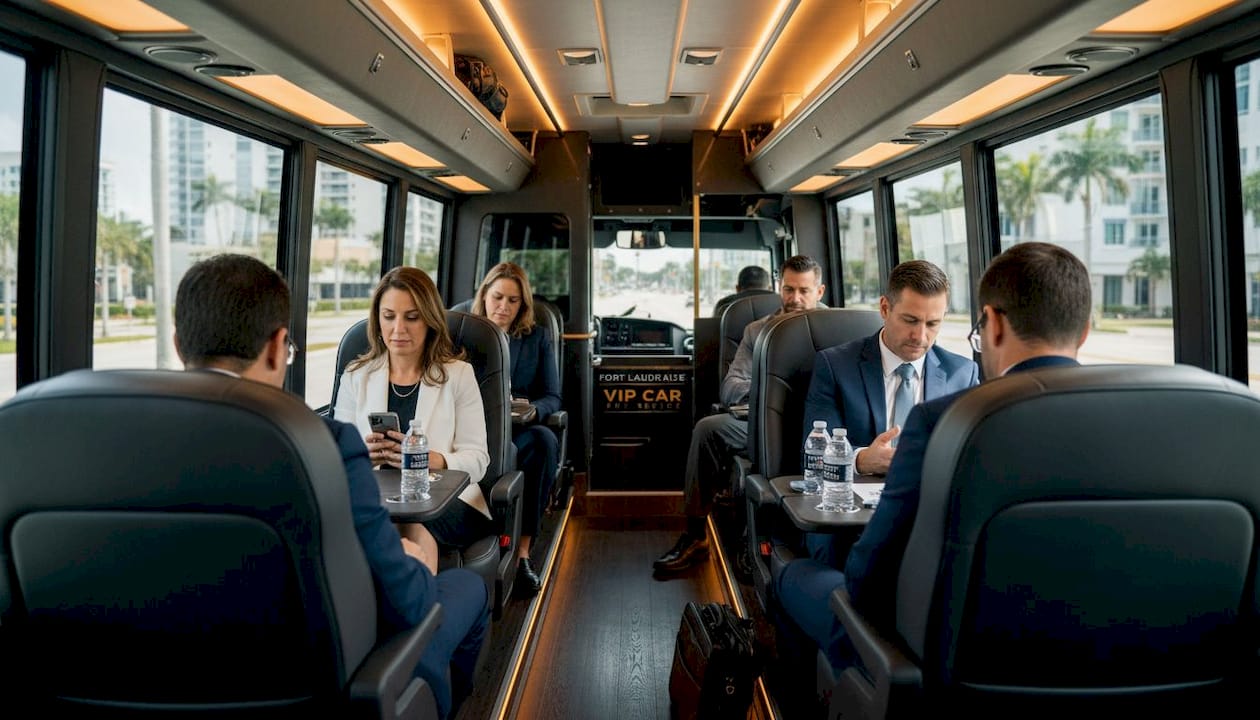 Business group enjoying luxury minibus ride