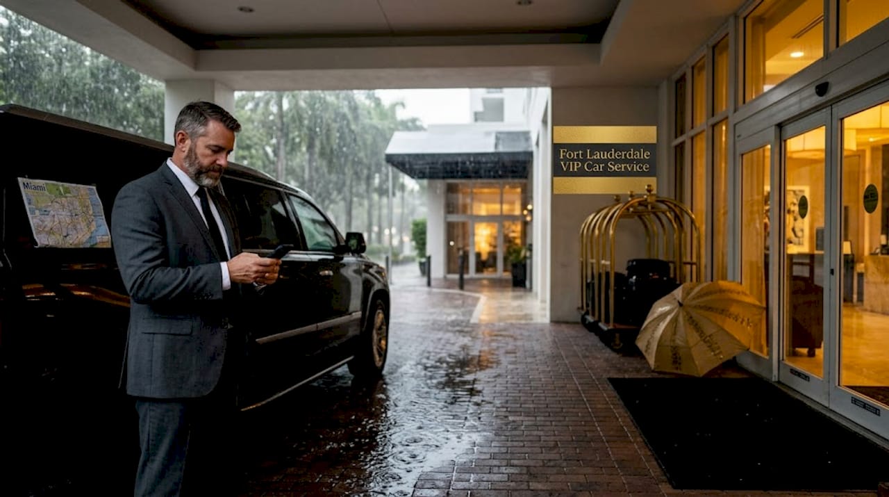 Chauffeur waits by SUV during summer rain