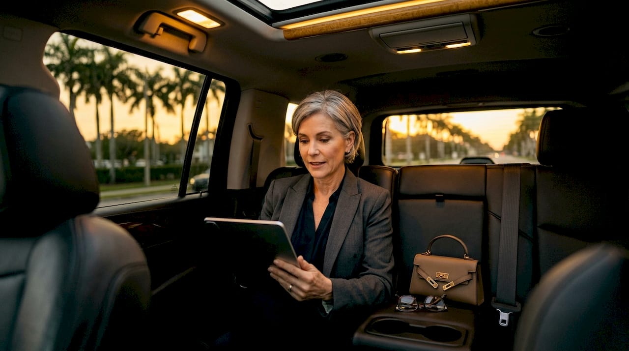 Passenger enjoying luxury SUV interior amenities