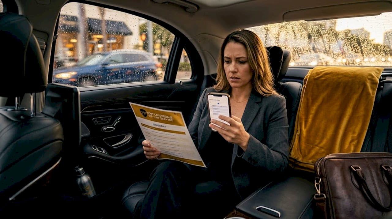 Woman checks schedule in chauffeured car