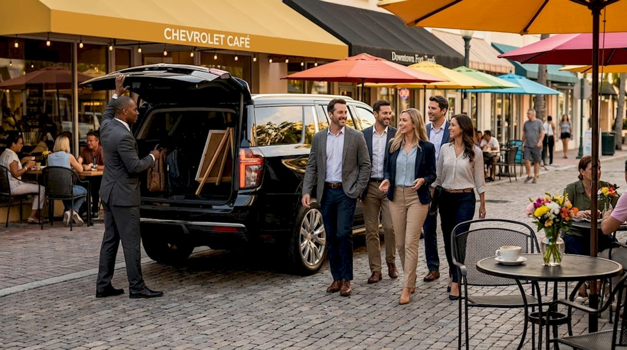 Chauffeured SUV group arrives at event venue