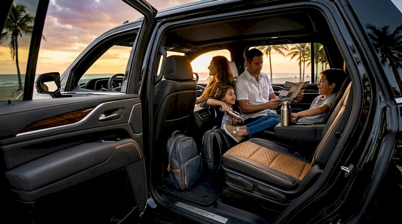 Family preparing inside luxury SUV for travel