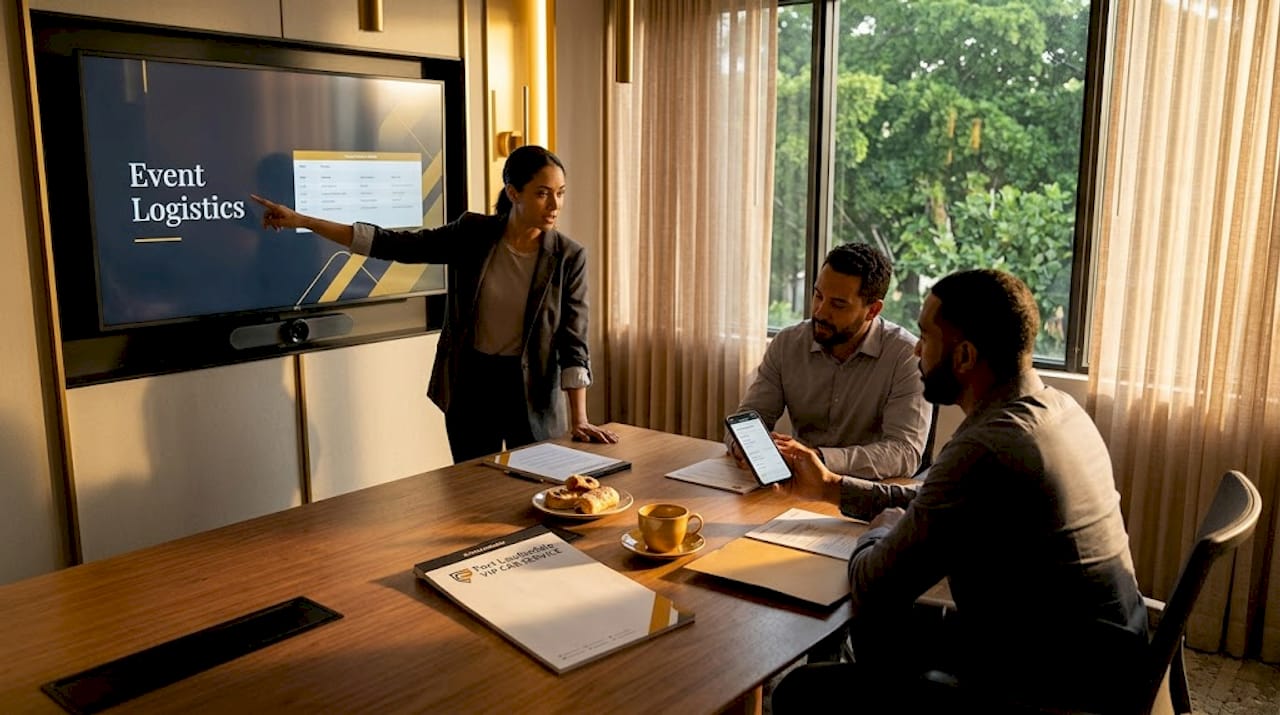 Team discussing corporate travel logistics plan