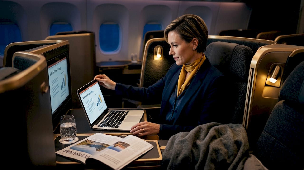 Business class traveler in spacious airline cabin