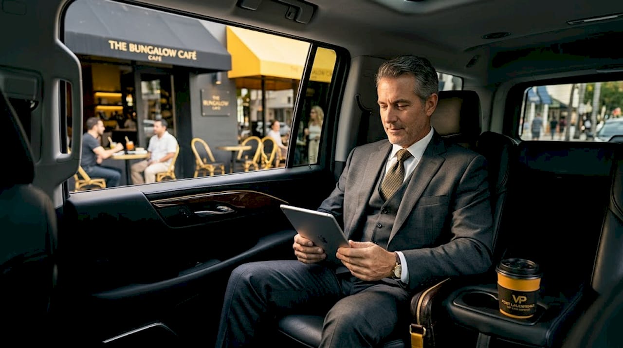 Executive reviews notes in chauffeured sedan