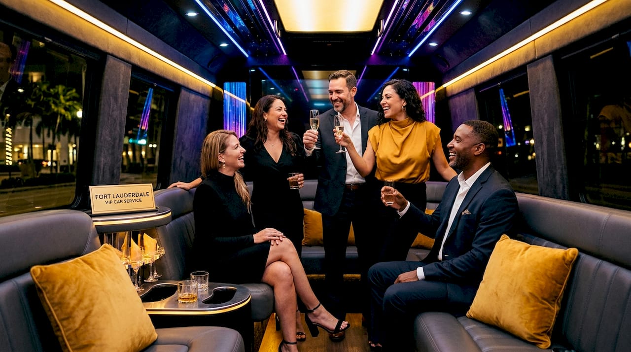 Group relaxing inside party bus at night