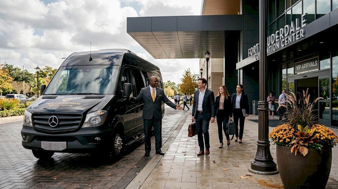 Attendees exiting shuttle at conference venue