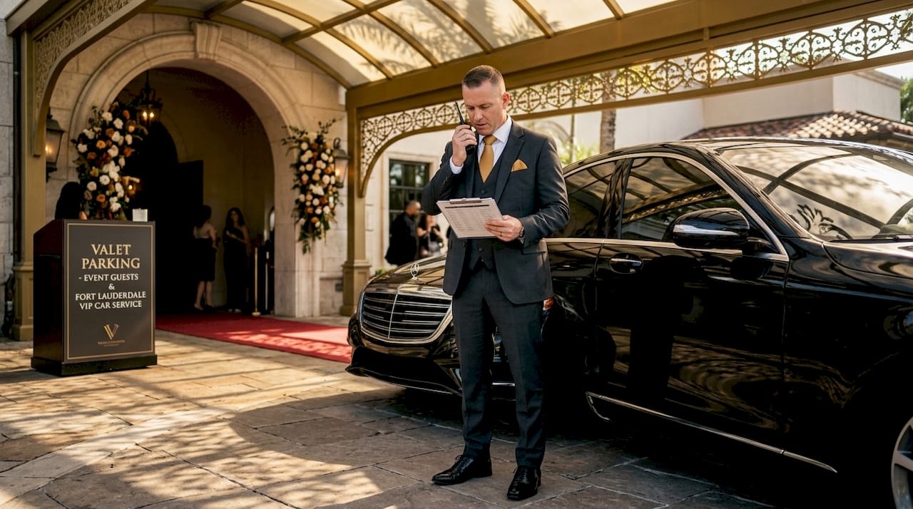 Chauffeur staging luxury car for VIP arrival