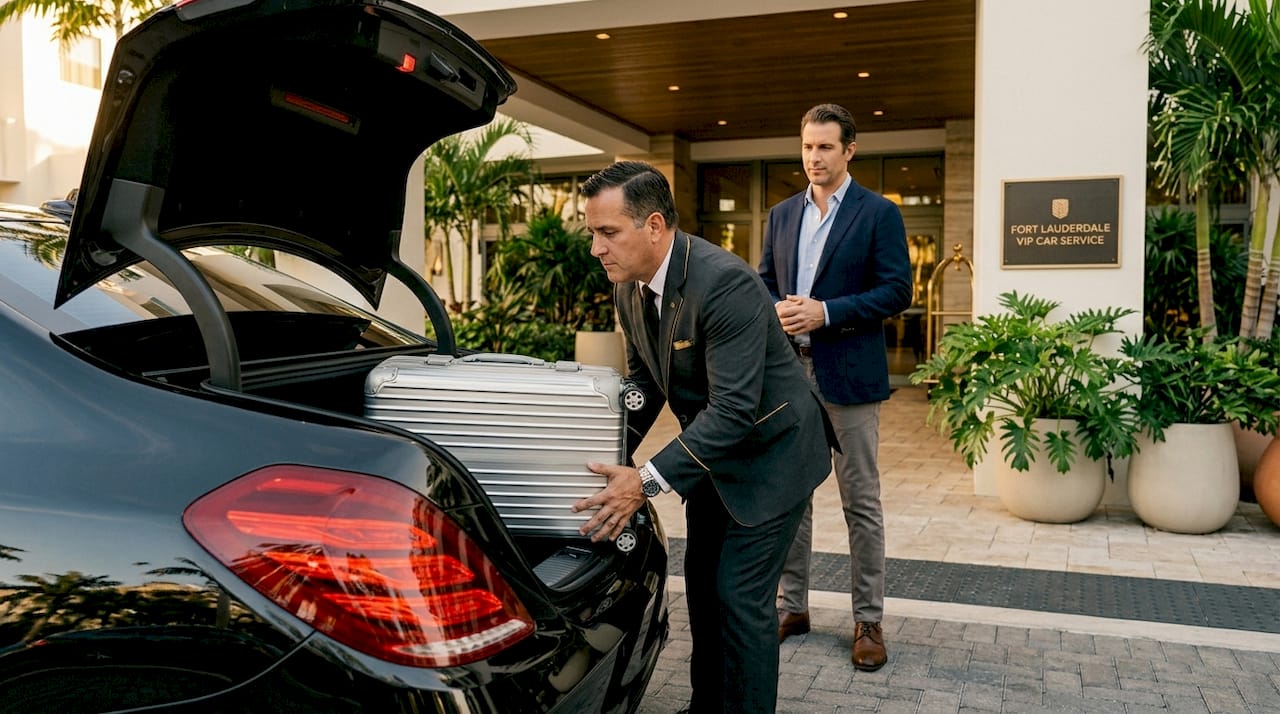 Chauffeur loading suitcase at airport curb