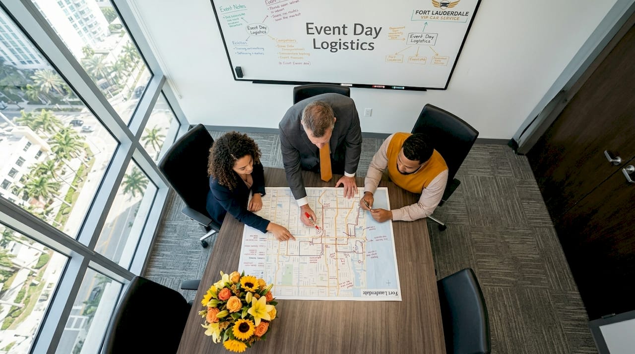 Team studying traffic map for event logistics