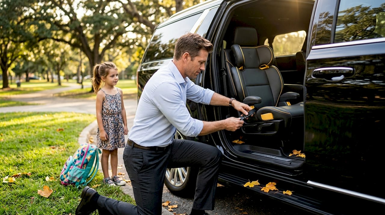 Parent securing booster seat in SUV
