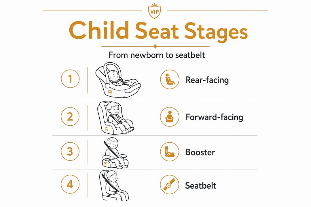 Infographic showing child car seat stages