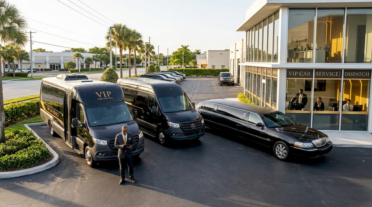 Fleet of group transportation vehicles parked
