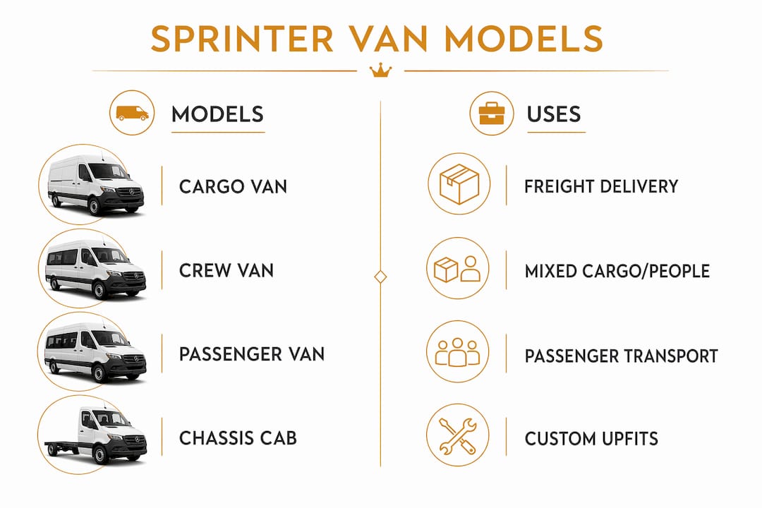 Infographic comparing Sprinter van models and uses