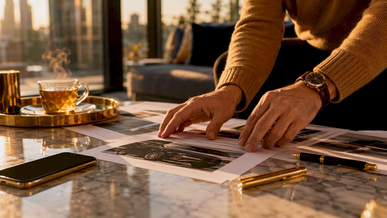 Hands reviewing car service quotes on table