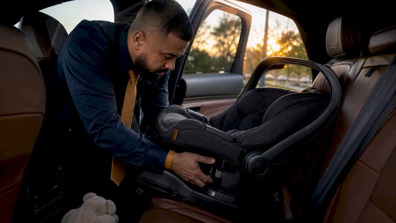 Chauffeur installing infant car seat in SUV