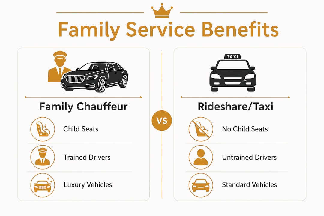 Infographic contrasting family chauffeur service and rideshare benefits