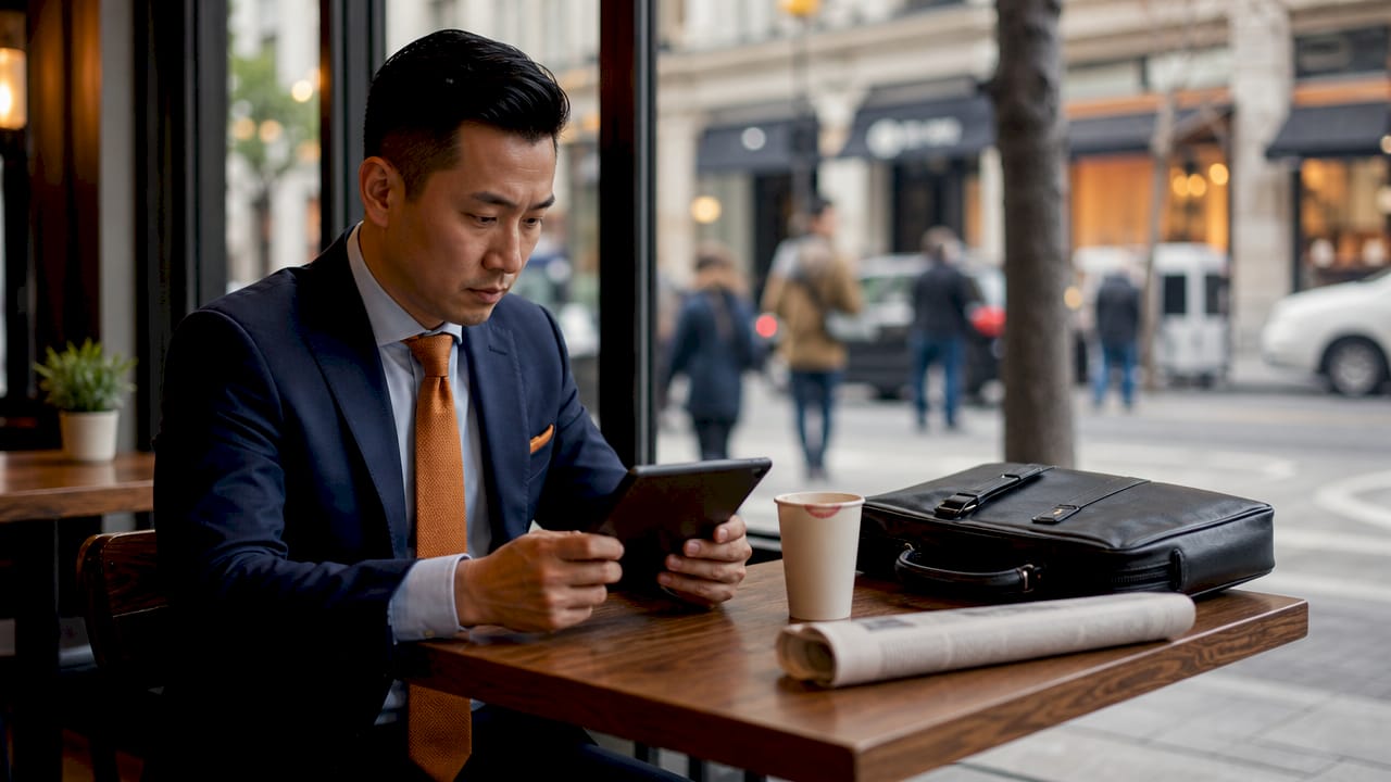 Business traveler using tablet at airport lounge