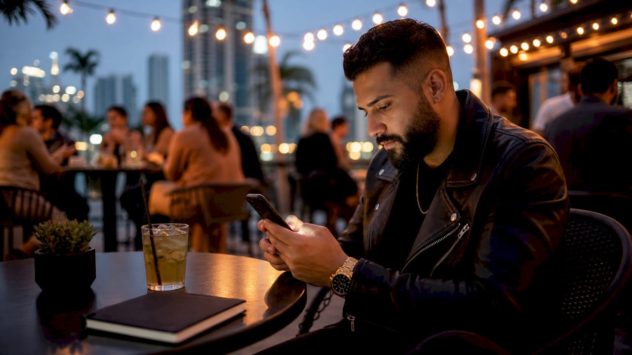 Man booking limo on smartphone at outdoor café