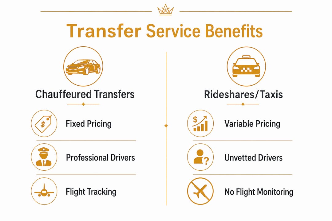 Infographic comparing benefits of chauffeured transfers versus rideshares