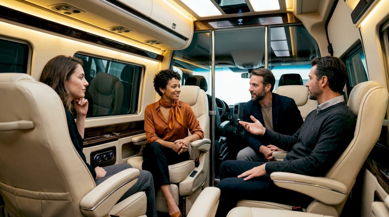Luxury minibus interior with passengers seated