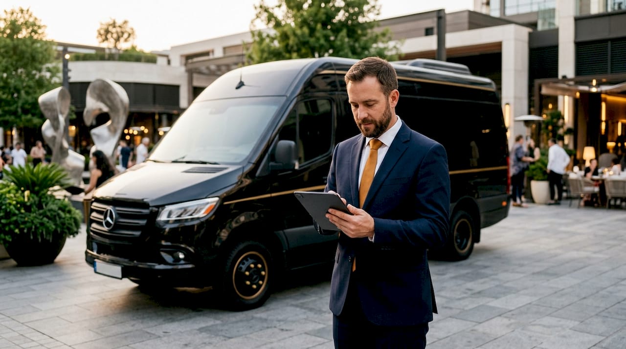 Chauffeur preparing executive minibus itinerary near vehicle