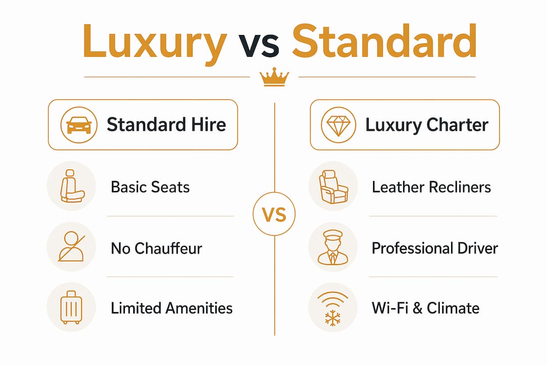 Infographic comparing luxury and standard minibus charter features