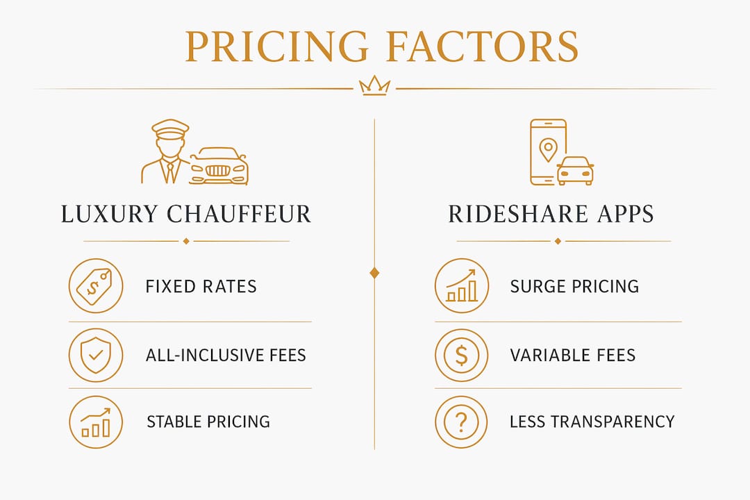 Infographic comparing luxury chauffeur and rideshare pricing factors