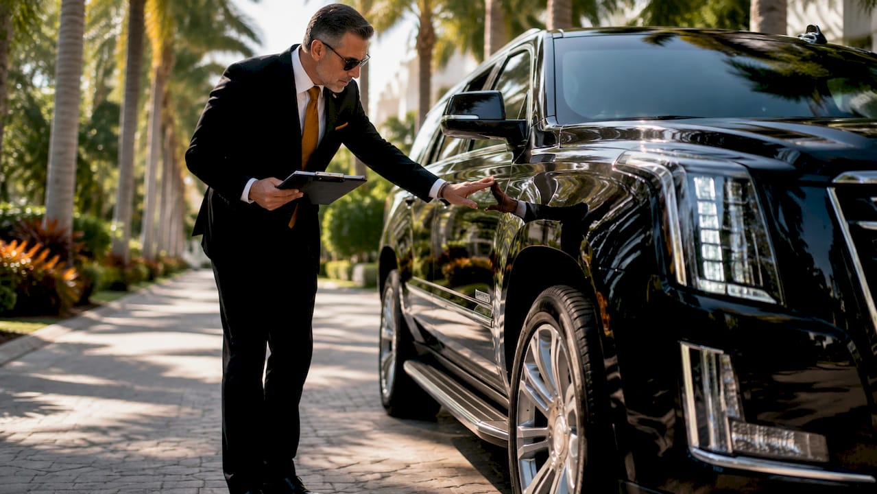 Chauffeur inspecting luxury SUV exterior