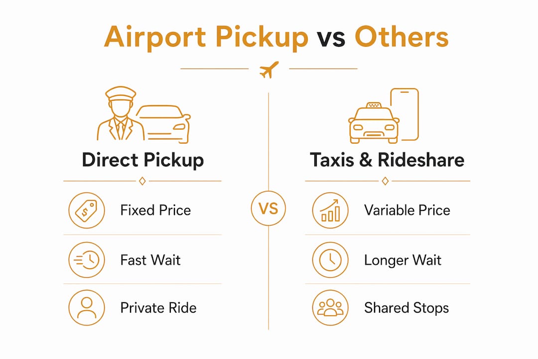 Infographic comparing direct airport pickup with taxis and rideshare services
