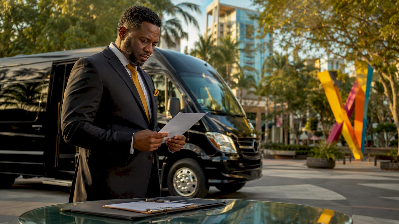 Chauffeur reviewing credentials next to minibus