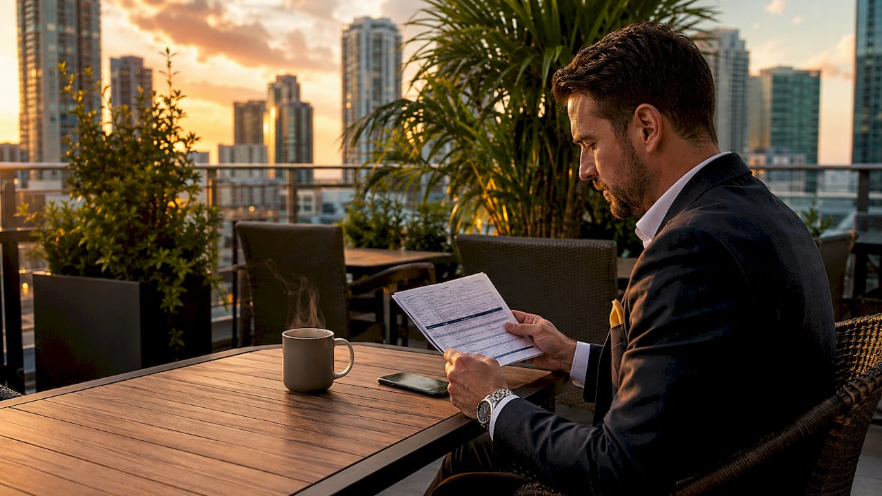Hands holding airline ticket and schedule outdoors café