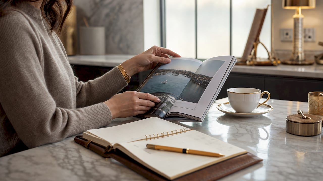 Hands marking dates in luxury travel planner