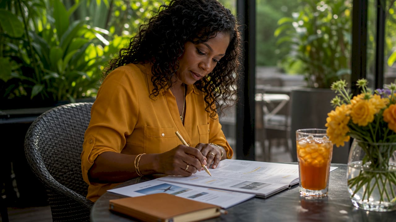 Woman reviewing group travel itinerary at desk