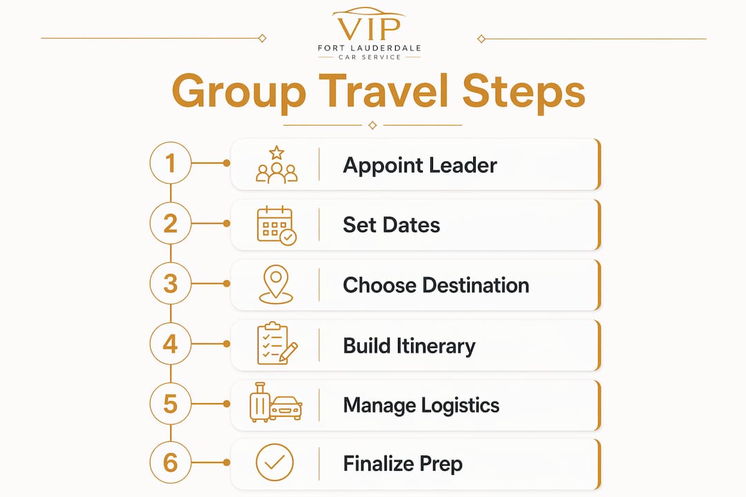 Infographic showing group travel planning steps in sequence