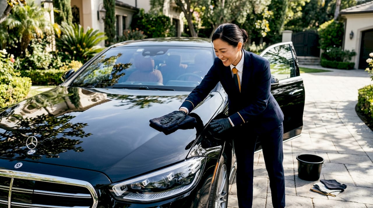 Chauffeur preparing luxury car at sunrise