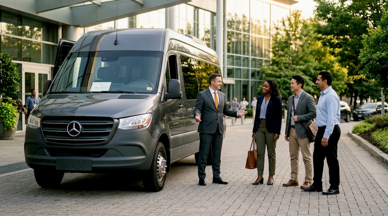 Branded luxury shuttle with chauffeur greeting guests