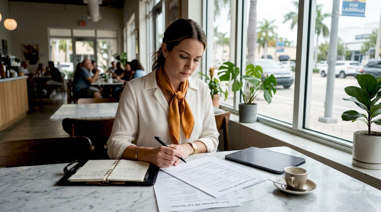 Woman reviewing limo booking papers at desk